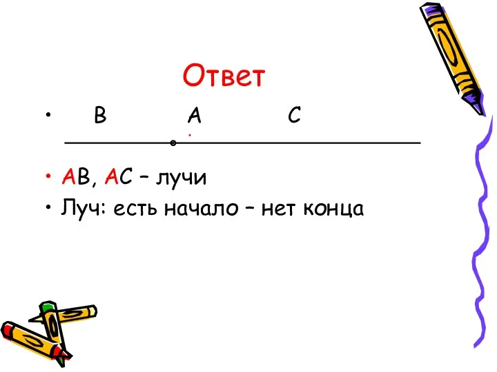 Ответ В А С АВ, АС – лучи Луч: есть начало – нет конца