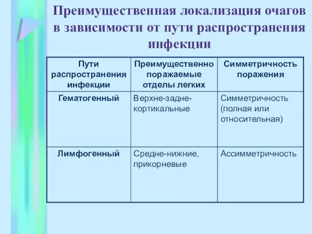 Преимущественная локализация очагов в зависимости от пути распространения инфекции