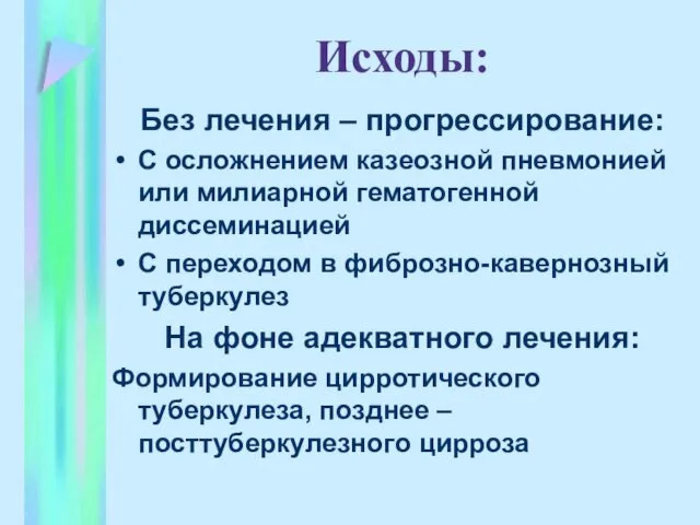 Исходы: Без лечения – прогрессирование: С осложнением казеозной пневмонией или