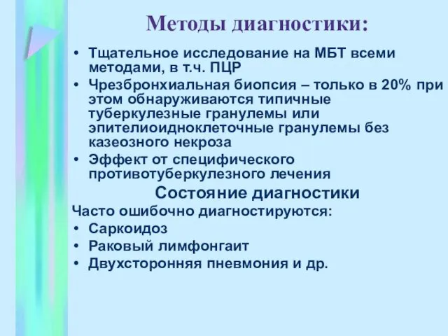 Методы диагностики: Тщательное исследование на МБТ всеми методами, в т.ч.