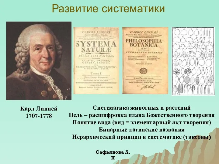 Развитие систематики Карл Линней 1707-1778 Систематика животных и растений Цель
