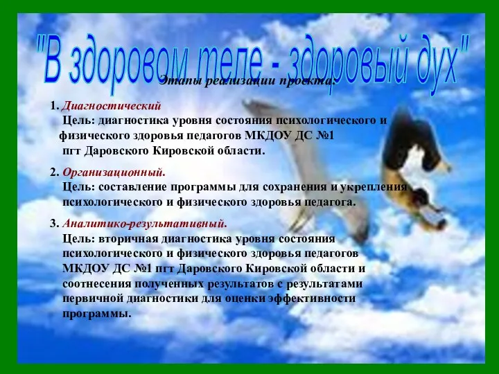 "В здоровом теле - здоровый дух" Этапы реализации проекта: 1. Диагностический Цель: диагностика