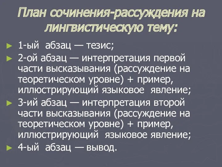 План сочинения-рассуждения на лингвистическую тему: 1-ый абзац — тезис; 2-ой