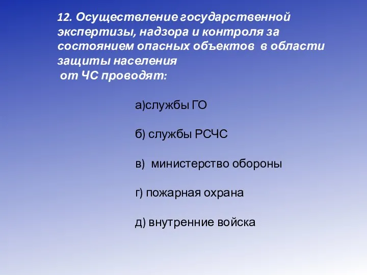 12. Осуществление государственной экспертизы, надзора и контроля за состоянием опасных