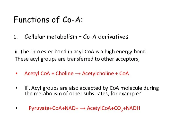 Functions of Co-A: Cellular metabolism – Co-A derivatives ii. The