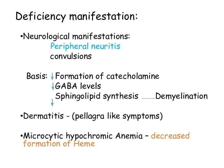 Deficiency manifestation: Neurological manifestations: Peripheral neuritis convulsions Basis: Formation of