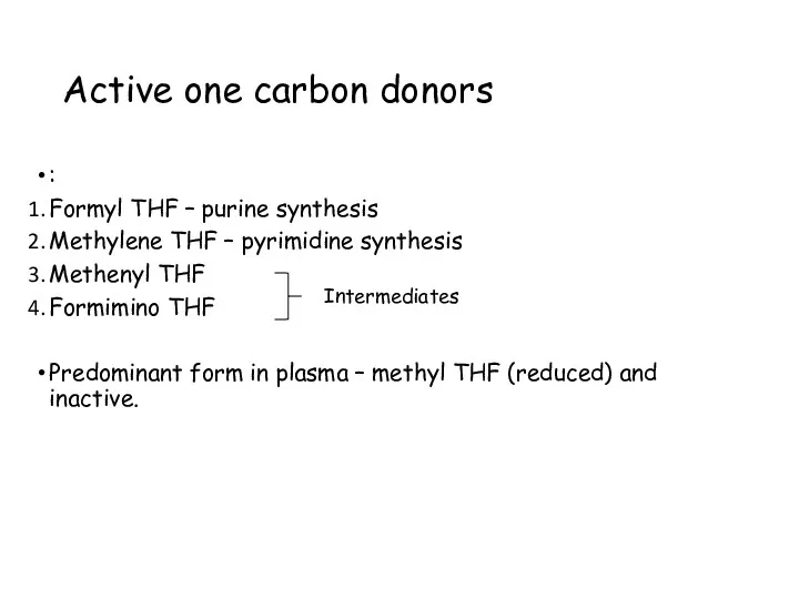 Active one carbon donors : Formyl THF – purine synthesis