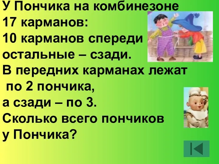 У Пончика на комбинезоне 17 карманов: 10 карманов спереди остальные – сзади. В