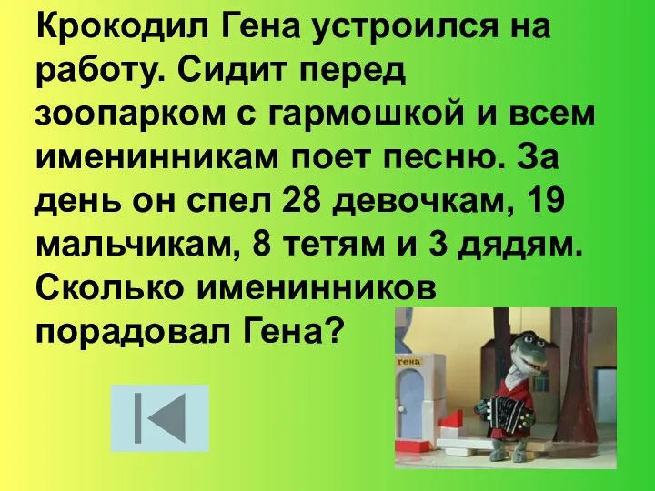 Крокодил Гена устроился на работу. Сидит перед зоопарком с гармошкой и всем именинникам