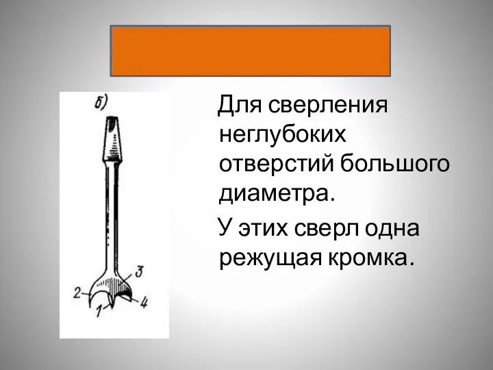 Центровое сверло Для сверления неглубоких отверстий большого диаметра. У этих сверл одна режущая кромка.