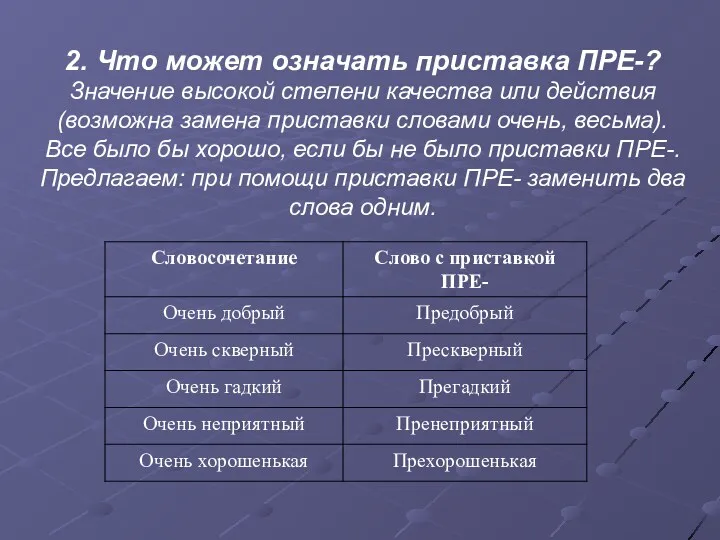 2. Что может означать приставка ПРЕ-? Значение высокой степени качества