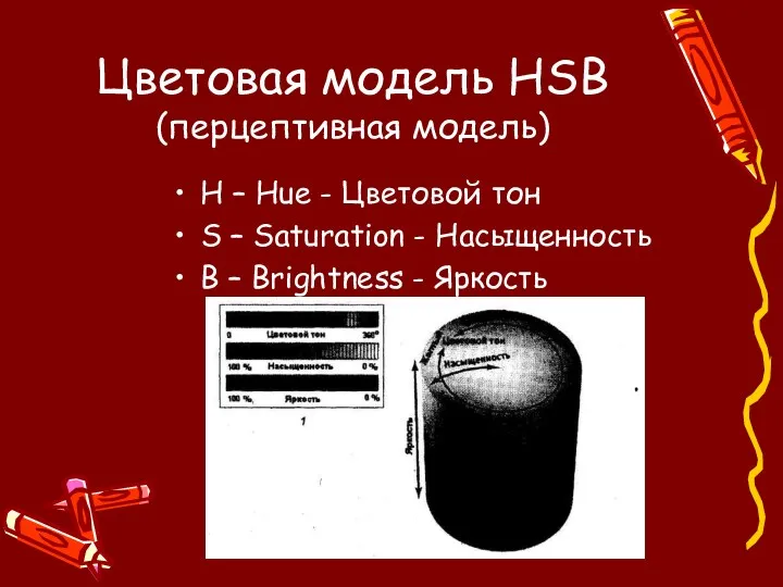 Цветовая модель HSB (перцептивная модель) H – Hue - Цветовой тон S –