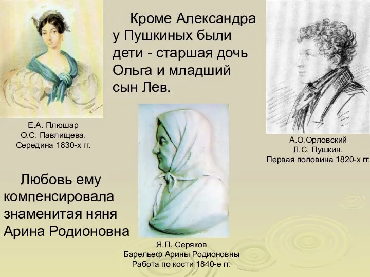 Кроме Александра у Пушкиных были дети - старшая дочь Ольга