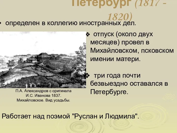 Петербург (1817 - 1820) определен в коллегию иностранных дел. отпуск