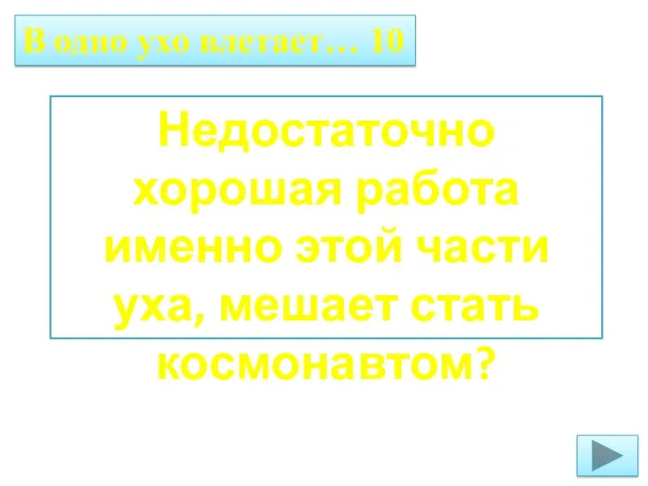 В одно ухо влетает… 10 Недостаточно хорошая работа именно этой части уха, мешает стать космонавтом?