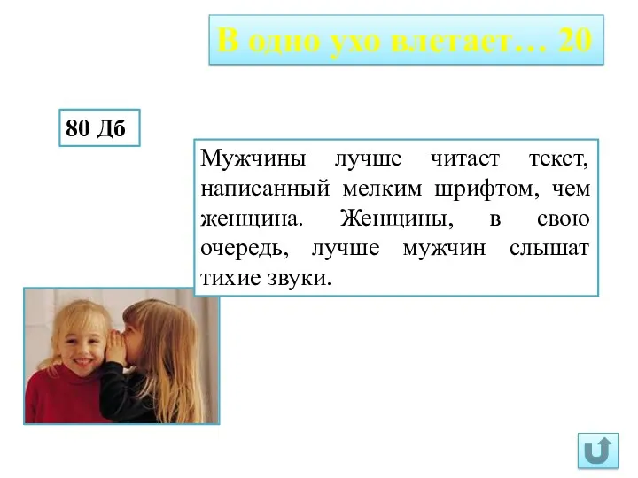 В одно ухо влетает… 20 80 Дб Мужчины лучше читает текст, написанный мелким