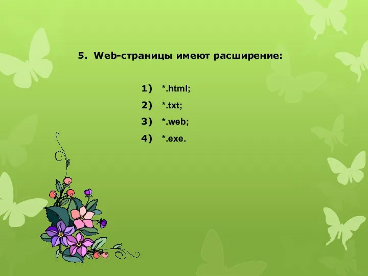 5. Web-страницы имеют расширение: *.html; *.txt; *.web; *.exe.