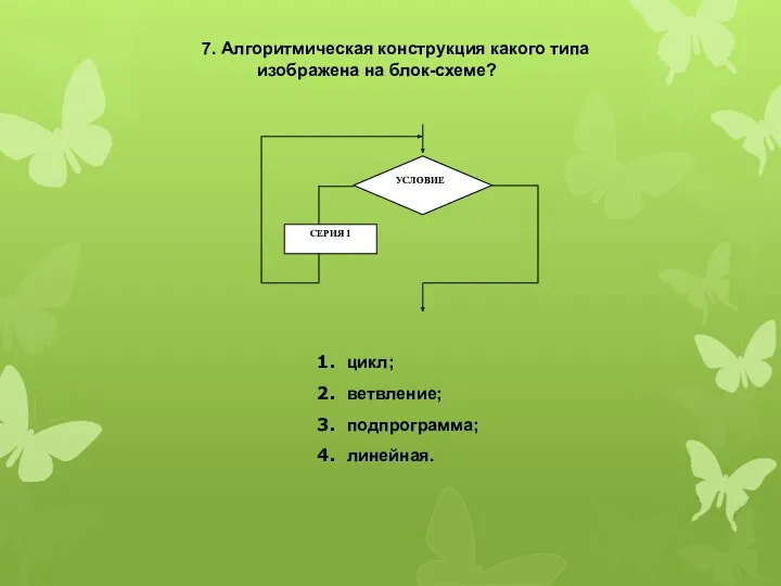 7. Алгоритмическая конструкция какого типа изображена на блок-схеме? цикл; ветвление; подпрограмма; линейная.