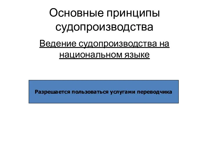 Основные принципы судопроизводства Ведение судопроизводства на национальном языке Разрешается пользоваться услугами переводчика