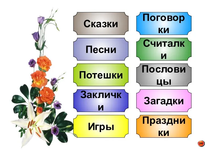 Сказки Песни Потешки Поговорки Считалки Пословицы Заклички Загадки Игры Праздники