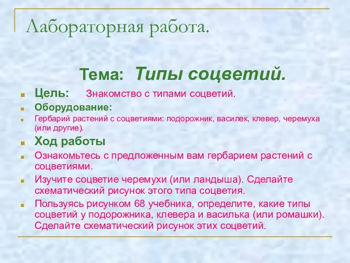 Лабораторная работа. Тема: Типы соцветий. Цель: Знакомство с типами соцветий.