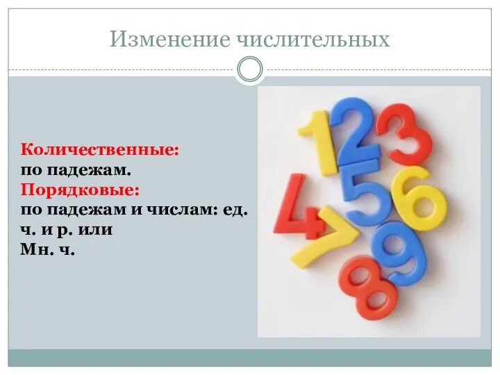 Изменение числительных Количественные: по падежам. Порядковые: по падежам и числам: