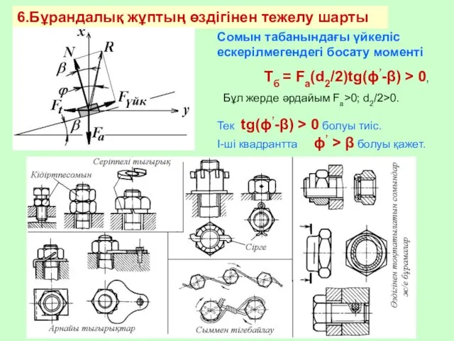 6.Бұрандалық жұптың өздігінен тежелу шарты Сомын табанындағы үйкеліс ескерілмегендегі босату