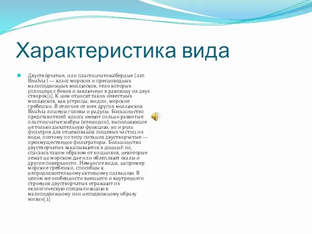 Характеристика вида Двуство́рчатые, или пластинчатожа́берные (лат. Bivalvia) — класс морских