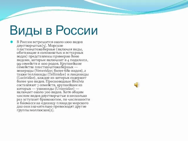 Виды в России В России встречается около 1000 видов двустворчатых[5].