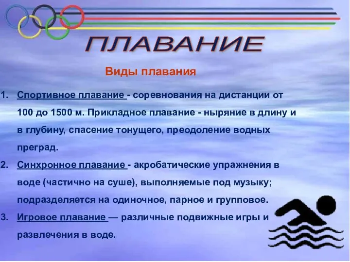 Виды плавания Спортивное плавание - соревнования на дистанции от 100 до 1500 м.