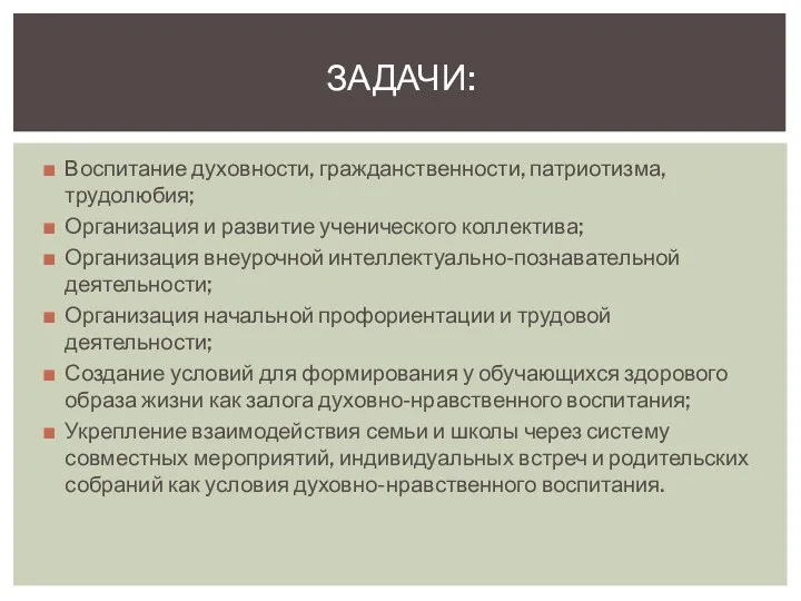 Воспитание духовности, гражданственности, патриотизма, трудолюбия; Организация и развитие ученического коллектива; Организация внеурочной интеллектуально-познавательной