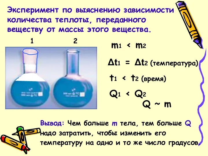 Эксперимент по выяснению зависимости количества теплоты, переданного веществу от массы этого вещества. m1