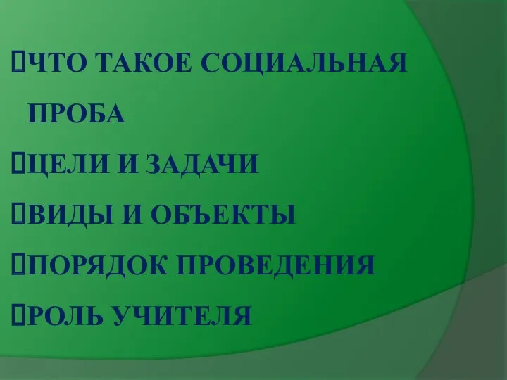 ЧТО ТАКОЕ СОЦИАЛЬНАЯ ПРОБА ЦЕЛИ И ЗАДАЧИ ВИДЫ И ОБЪЕКТЫ ПОРЯДОК ПРОВЕДЕНИЯ РОЛЬ УЧИТЕЛЯ