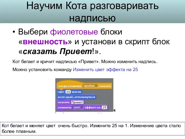 Научим Кота разговаривать надписью Выбери фиолетовые блоки «внешность» и установи