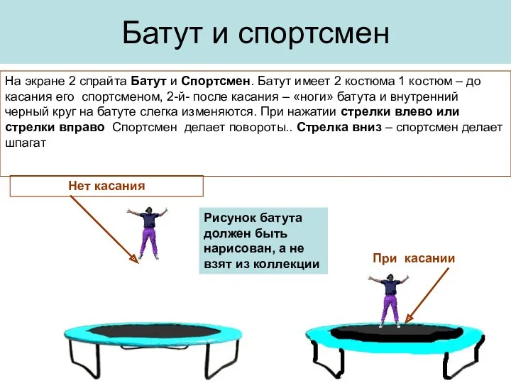 Батут и спортсмен Нет касания При касании На экране 2