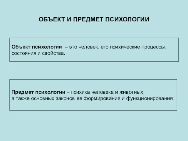 ОБЪЕКТ И ПРЕДМЕТ ПСИХОЛОГИИ Объект психологии – это человек, его