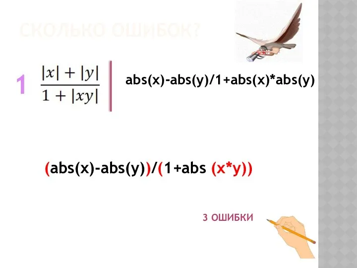 СКОЛЬКО ОШИБОК? 1 abs(x)-abs(y)/1+abs(x)*abs(y) (abs(x)-abs(y))/(1+abs (x*y)) 3 ОШИБКИ