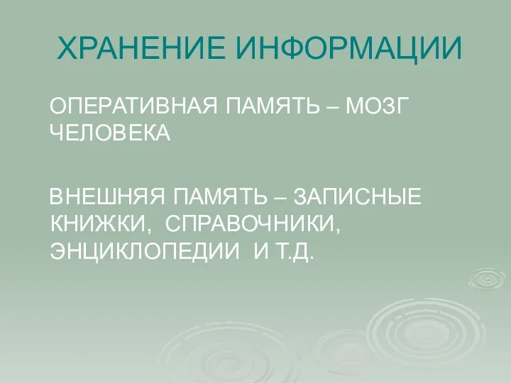 ХРАНЕНИЕ ИНФОРМАЦИИ ОПЕРАТИВНАЯ ПАМЯТЬ – МОЗГ ЧЕЛОВЕКА ВНЕШНЯЯ ПАМЯТЬ – ЗАПИСНЫЕ КНИЖКИ, СПРАВОЧНИКИ, ЭНЦИКЛОПЕДИИ И Т.Д.