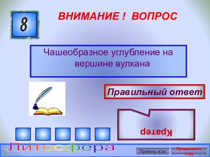 ВНИМАНИЕ ! ВОПРОС Чашеобразное углубление на вершине вулкана 8 Правильный