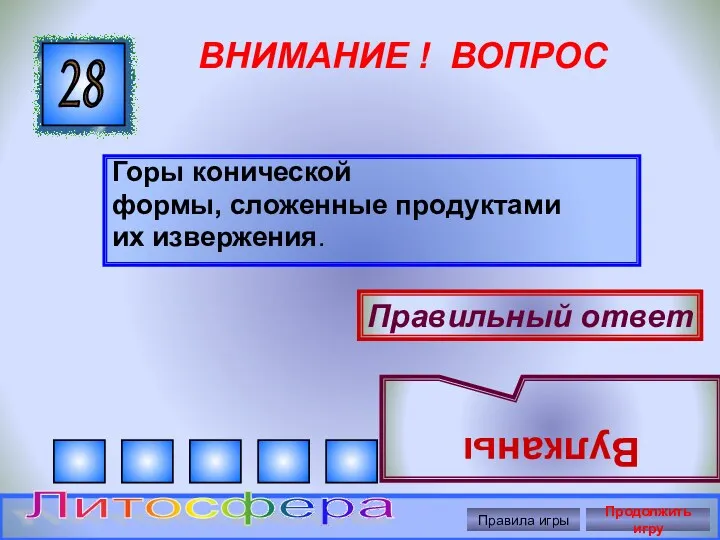 ВНИМАНИЕ ! ВОПРОС Горы конической формы, сложенные продуктами их извержения.