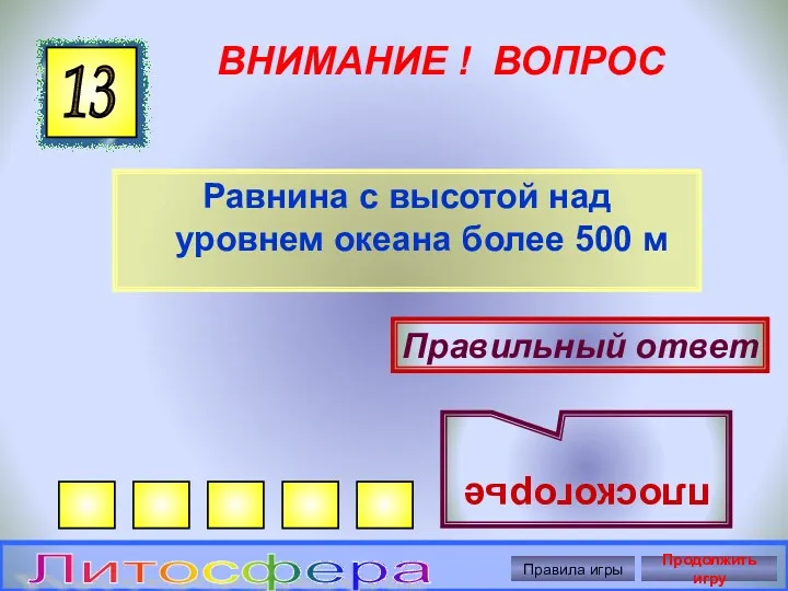 ВНИМАНИЕ ! ВОПРОС Равнина с высотой над уровнем океана более