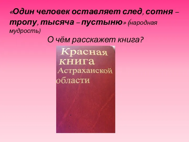 «Один человек оставляет след, сотня – тропу, тысяча – пустыню» (народная мудрость) О чём расскажет книга?