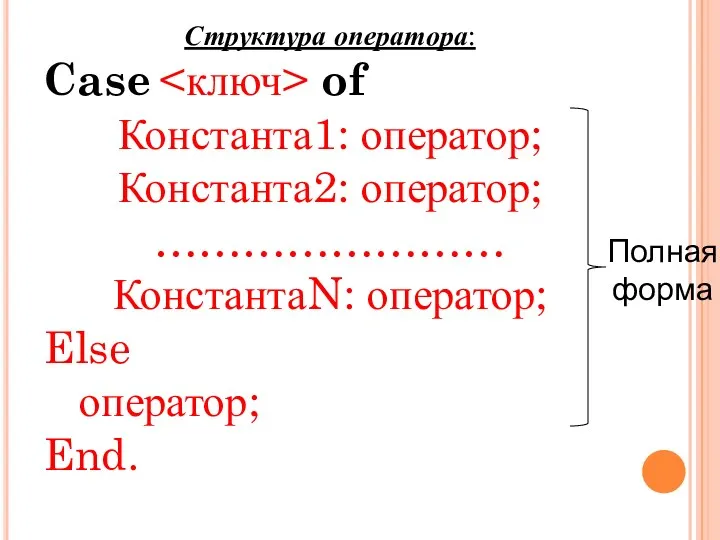Структура оператора: Case of Константа1: оператор; Константа2: оператор; …………………… КонстантаN: оператор; Else оператор; End. Полная форма