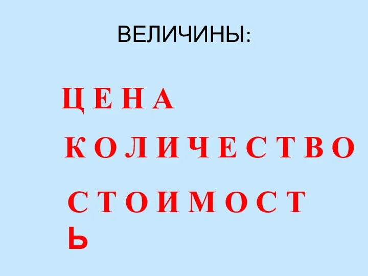 ВЕЛИЧИНЫ: Ц Е Н А К О Л И Ч