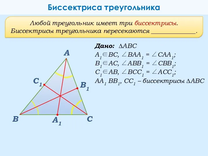 В А С Любой треугольник имеет три биссектрисы. Биссектрисы треугольника