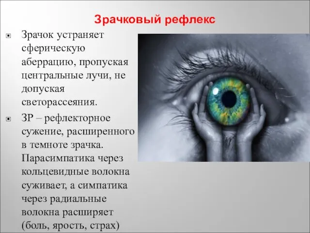 Зрачковый рефлекс Зрачок устраняет сферическую аберрацию, пропуская центральные лучи, не