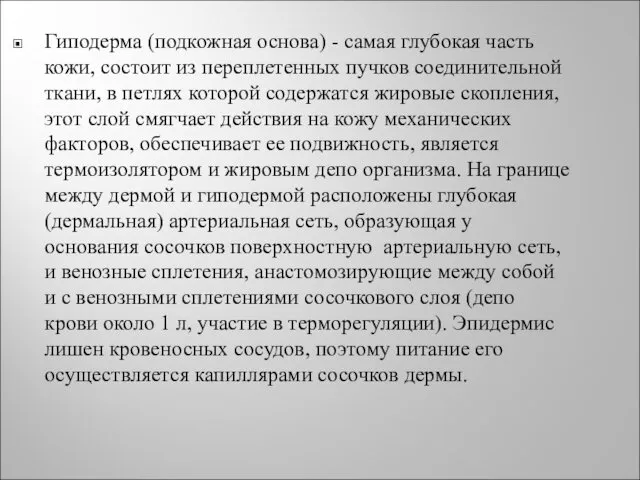 Гиподерма (подкожная основа) - самая глубокая часть кожи, состоит из