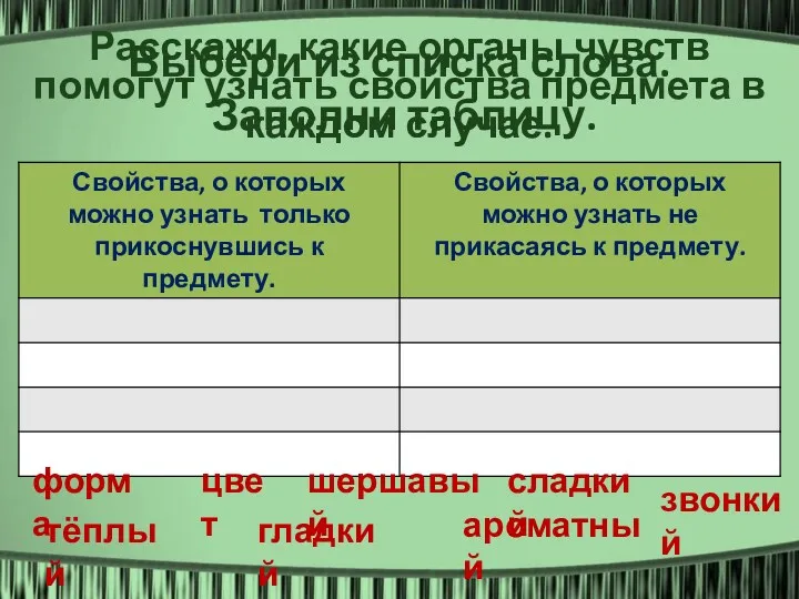 Выбери из списка слова. Заполни таблицу. сладкий форма цвет шершавый