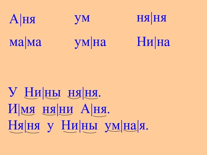 У Ни|ны ня|ня. И|мя ня|ни А|ня. Ня|ня у Ни|ны ум|на|я. ма|ма ум А|ня Ни|на ум|на ня|ня