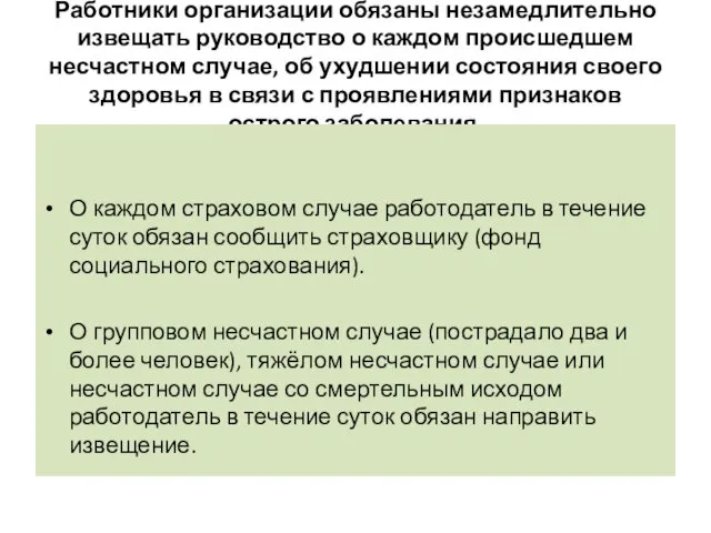 Работники организации обязаны незамедлительно извещать руководство о каждом происшедшем несчастном